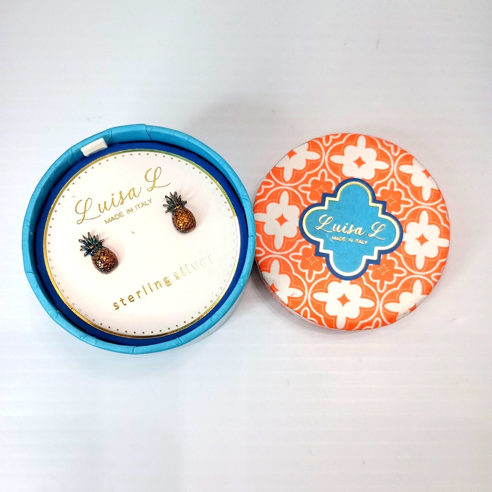Luisa L Sterling Silver Pineapple Stud Earrings .925 Italy Enamel 13mm Boxed‎ - Picture 2 of 13